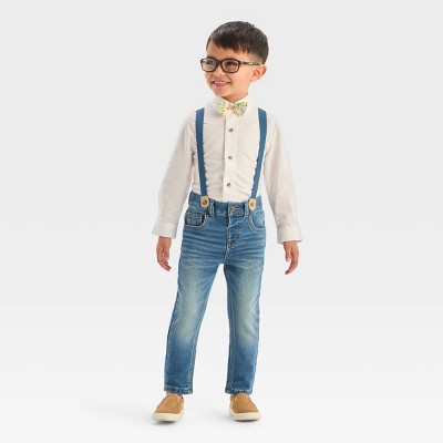 2pcs Toddler Boy Trendy Faux-two Vest Design Letter Print Long-sleeve Shirt and Ripped Denim Jeans Set