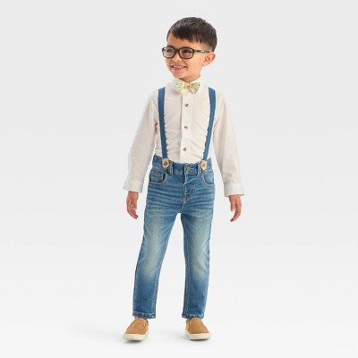 2pcs Toddler Boy Gentleman Suit, Suspender Denim Jeans and Plaid Lapel Collar Shirt Set