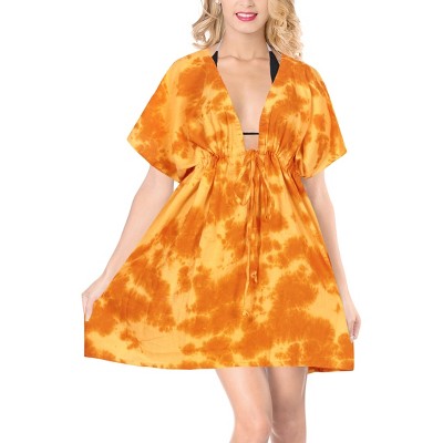 LA LEELA Women's Beachwear Bathing Suit Wraps Summer Loose Swimsuit Cover Ups Mini Caftan X-Large-XX-Large Yellow, Tie Dye Design