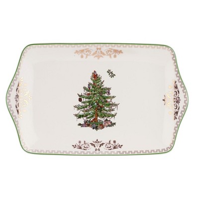 Spode Christmas Tree Gold Dessert Tray - 12" Fine Porcelain Festive Serving Platter with Red Ribbons, Holiday Collectible Dish
