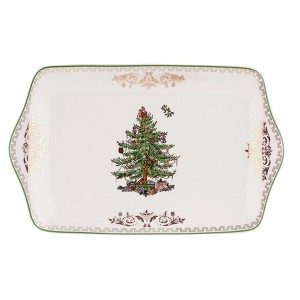 Spode Christmas Tree Gold Dessert Tray - 12" Fine Porcelain Festive Serving Platter with Red Ribbons, Holiday Collectible Dish - 1 of 3