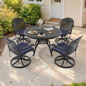 5-Piece Round Cast Aluminum Patio Set with Swivel Chairs,Blue Cushions,and Umbrella Hole - 1 of 4