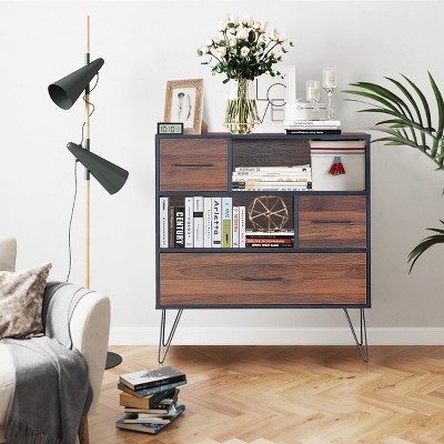 Walnut Multipurpose Sideboard Storage Cabinet with Metal Legs and Drawers