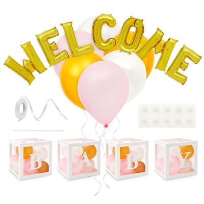 Sparkle and Bash 69 Piece Welcome Baby Balloon Box Decorating Kit for Girl Baby Shower or Gender Reveal Party