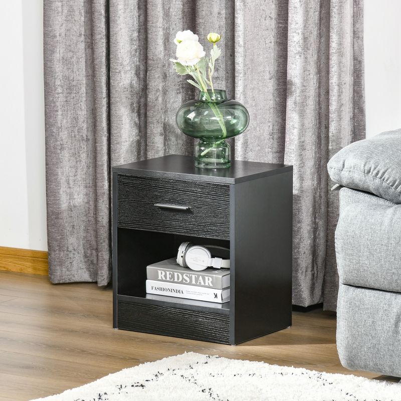 HOMCOM Modern Accent End Table with Drawer and Storage Shelf, Sofa Side Table for Living Room or Bedroom, Set of 2, Black Wood Grain, 3 of 7