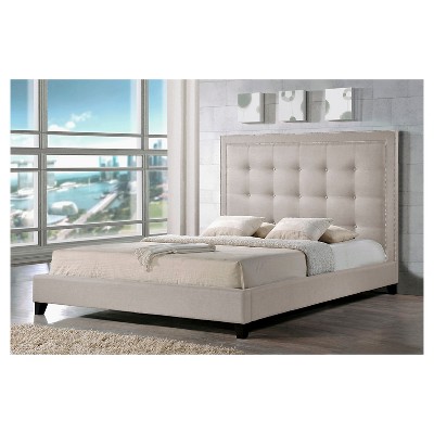 Elegant King-Sized Light Beige Linen Upholstered Bed with Nailhead Trim