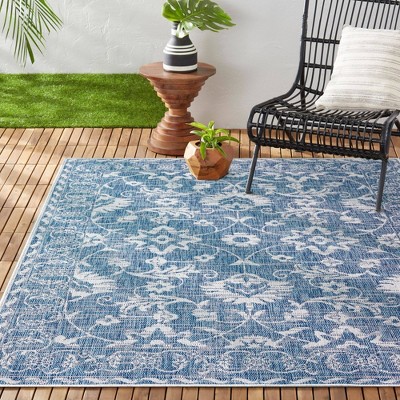 Aqua Blue Floral Damask Indoor/Outdoor Area Rug