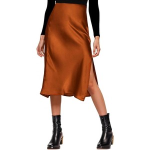 Women's Satin Midi Skirt - High Waist Slit Design with Comfortable Elastic Waistband Caramel - 1 of 4