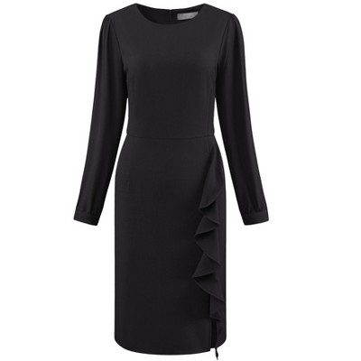 Hobemty Women's Wear to Work Round Neck Bracelet Sleeve Ruffle Front Pencil Dress
