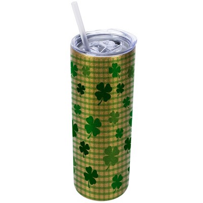 Elanze Designs Green Vegas Gold 20 Ounce Double Wall Stainless Steel Glitter Travel Tumbler With Sliding Lid And Straw, Plaid, Shamrock