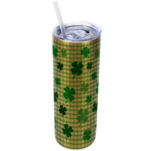 Elanze Designs Green Vegas Gold 20 Ounce Double Wall Stainless Steel Glitter Travel Tumbler With Sliding Lid And Straw, Plaid, Shamrock - 1 of 4