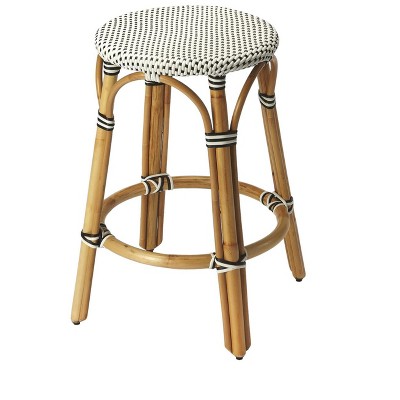 HomeRoots 24" Black and White and Natural Heavy Duty Plastic and Rattan Backless Counter Height Bar Chair