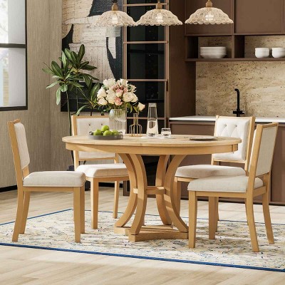 5 PCS Retro Dining Set, Extendable Round Table with Removable Leaf, Upholstered Rubberwood Chairs with Cushioned Backrests-Coolbibila