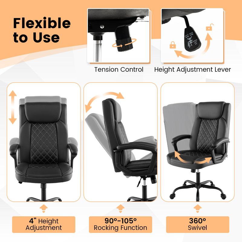 Costway Adjustable Office Desk Chair Ergonomic Executive Chair with Padded Headrest Armrest, 5 of 11