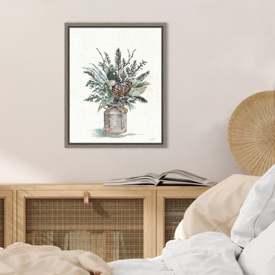 Seasonal Charm Greenery Christmas Vase Canvas Wall Art in Grey Frame