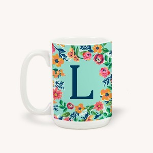 Personalization Mall Flowery Initial Coffee Mug, 15 Oz., Blue Aqua - 1 of 1