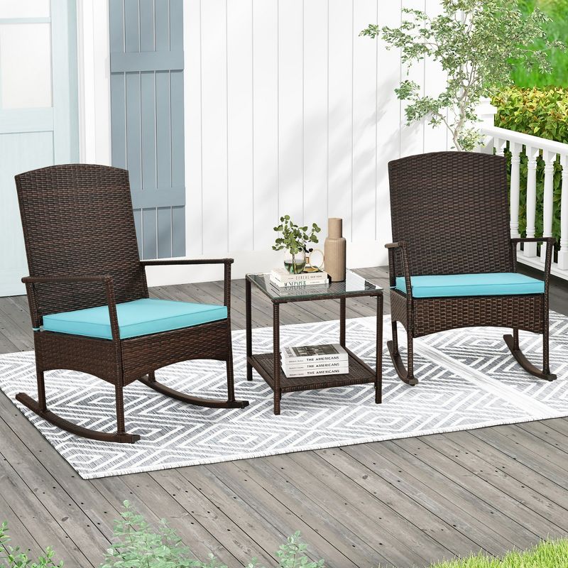Tangkula 3 Pieces Rocking Wicker Bistro Set Outdoor Front Porch Rocker Chairs Conversation Set, 3 of 11