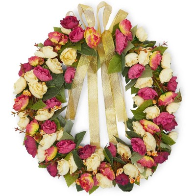 Okuna Outpost Rose Wreath with Ribbon for Front Door, Spring Valentine Décor, 13.3 in