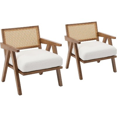 Mid-Century Farmhouse Accent Chair - Wood Armchair with Rattan Backrest & Removable Linen Cushion for Living Room, Bedroom