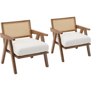 Mid-Century Farmhouse Accent Chair - Wood Armchair with Rattan Backrest & Removable Linen Cushion for Living Room, Bedroom - 1 of 4