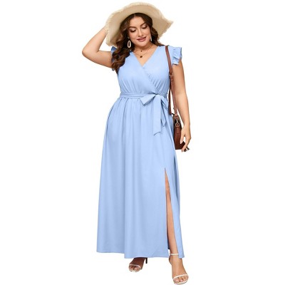 Plus Size Women's Cross V Neck Flutter Sleeve Dress with Belt High Slit Flowy Summer Maxi Dress