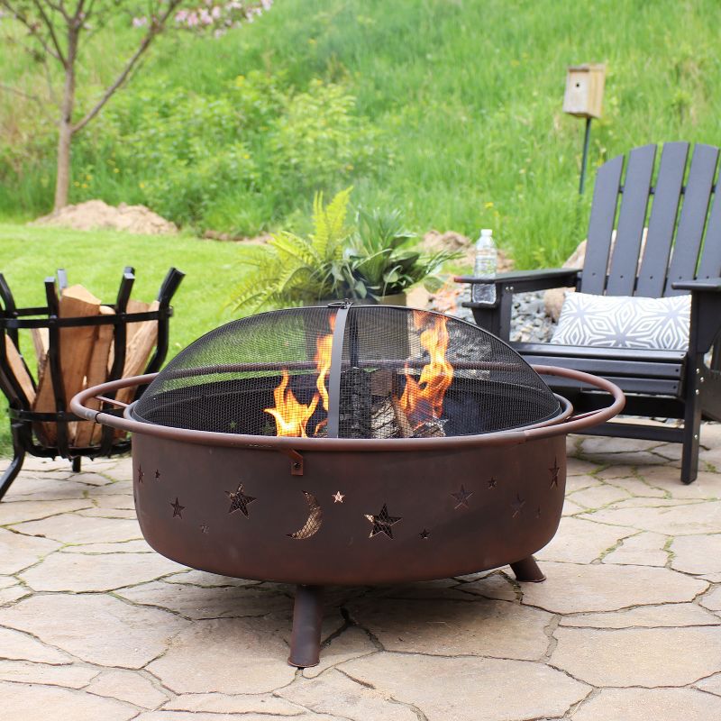 Sunnydaze Outdoor Camping or Backyard Steel Round Cosmic Fire Pit with Spark Screen and Log Poker - 41.5" - Black, 3 of 11