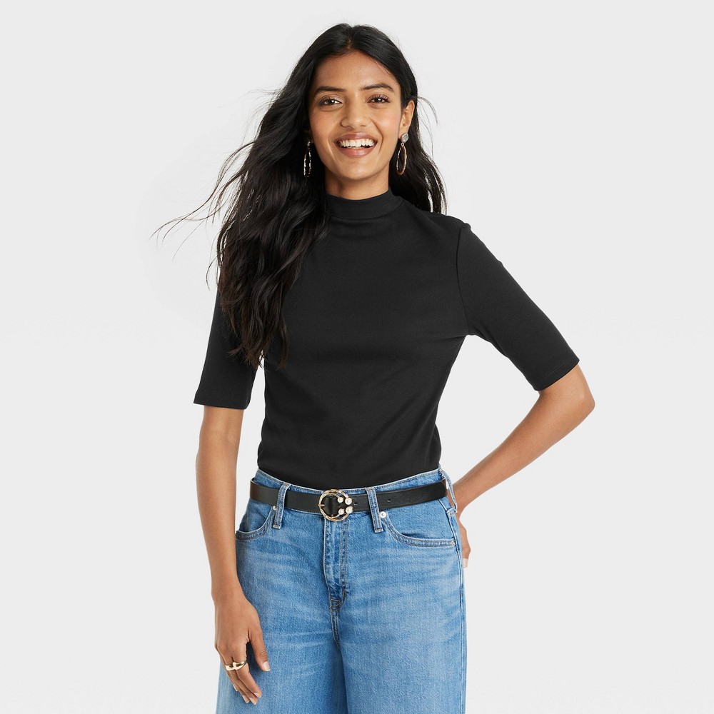 Women's Elbow Sleeve Mock Turtleneck T-Shirt - A New Day Black XS