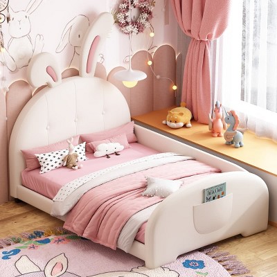 Twin Size Upholstered Platform Bed with Headboard and Footboard, Rabbit-Inspired Frame, Cute Princess Style for Kids Bedroom-Maison Boucle
