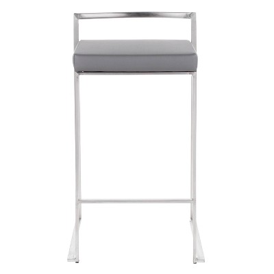 Modern Stainless Steel Counter Stools with Grey Faux Leather Cushion - Set of 2