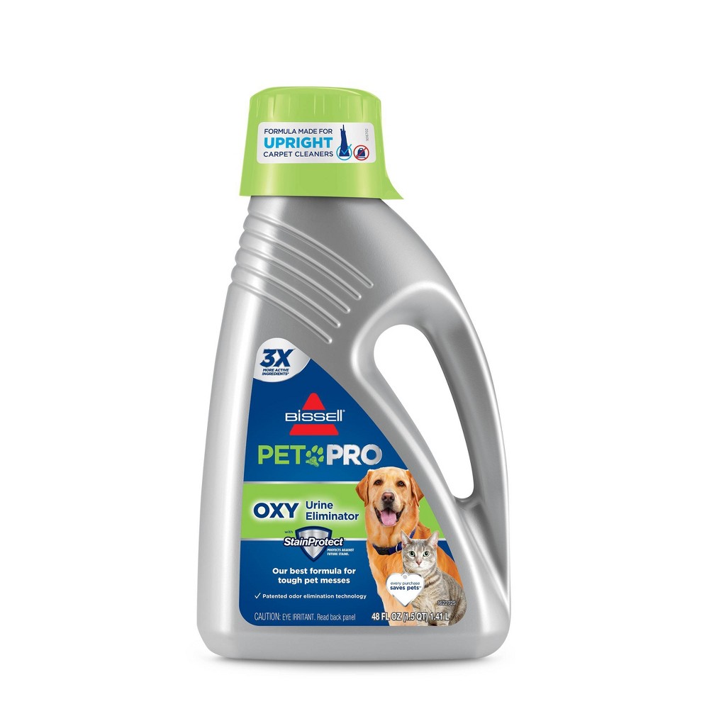BISSELL Professional Pet Eliminator + Oxy Carpet Formula 48oz - 1990 BISSELL PET PRO OXY Urine Eliminator formula works with all BISSELL upright carpet cleaners to remove tough pet stains and odors including urine. It also discourages pets from urinating in the same spot again. This formula is safe to use on carpet, area rugs, upholstery, and similar soft surfaces. It's also safe to use around kids and pets when you use it as directed. Plus, this is made with biodegradable detergents and doesn't have any heavy metals, phosphates or dyes, meaning it's earth friendly. In fact, the ingredients in this formula have been carefully evaluated by the U.S. Environmental Protection Agency to earn the agency's Safer Choice label, meaning it's safer for the people and pets in your home and better for the environment as a whole. Speaking of pets, BISSELL proudly supports BISSELL Pet Foundation and its mission to help save homeless pets. When you buy a BISSELL product, you help save pets, too. We’re proud to design products that help make pet messes, odors and pet homelessness disappear.