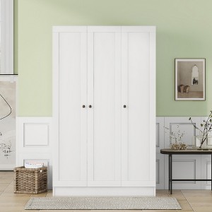 Whisen Wood 3-Door Shutter Wardrobe Armoire with 2 Hanging Rails and Storage Shelves - 1 of 4