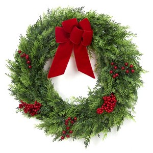 TruAIR 24 Inch Green Christmas Wreath ¨C Large Outdoor/Indoor Holiday Decor with Berries & Velvet Bow for Front Door/Window/Fireplace - 1 of 4