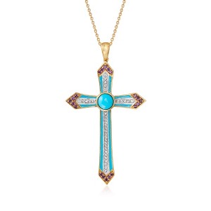 Ross-Simons Turquoise, 0.30 ct. t.w. Amethyst and .30 ct. t.w. White Topaz Cross Pendant Necklace With Enamel in 18kt Gold Over Sterling - 1 of 4
