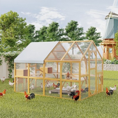 Famapy Wooden Outdoor Chicken Coop with Waterproof Canopy, Multi - Level Mesh - d Poultry Hutch for Backyard Farming