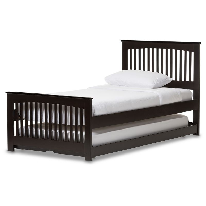 Twin Hevea Solid Wood Platform Bed with Guest Trundle Bed Dark Brown - Baxton Studio, 1 of 8