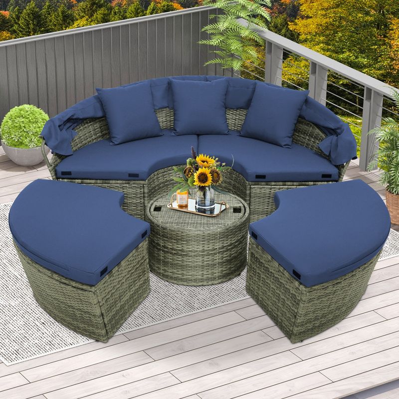 Costway Patio Rattan Daybed Outdoor Sectional Seating with Side Table & Retractable Canopy, 2 of 11