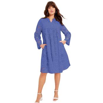 June + Vie by Roaman's Women's Plus Size Eyelet Boardwalk Shirtdress, 30/32 - Blue Haze