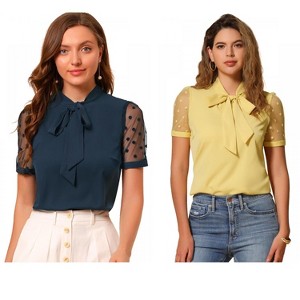 INSPIRE CHIC Women's Bow Tie V Neck Stand Collar Short Mesh Sleeve Blouse 2 Packs - 1 of 4