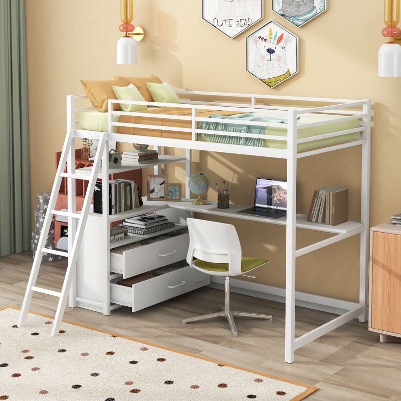 Twin Size Metal Loft Bed with Desk, Shelves and Two Built-in Drawers - ModernLuxe, 1 of 12