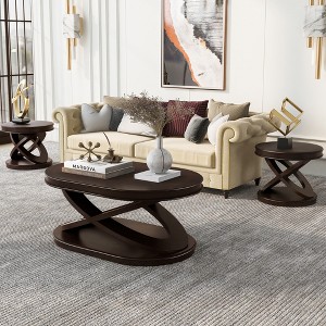 44" Retro Oval Coffee Table Set of 3 with 2 Round End Tables, MDF & Solid Wood Veneer, X-Shaped Legs, Vintage Living Room Wood Table Set - 1 of 4