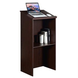 Costway Wooden Floor Standing Podium Speaking Lectern w/ Adjustable Shelf & Pen Tray & Cable Holes Brown/Black - 1 of 4