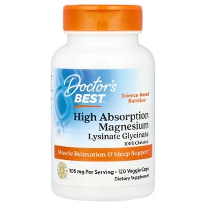 Doctor's Best High Absorption Magnesium, Lysinate Glycinate 100% Chelated, 105 mg per Serving, 120 Veggie Caps - 1 of 2
