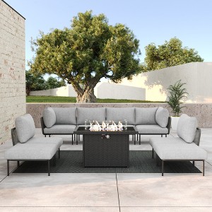 LayinSun 9 Pieces Rope Woven Patio Furniture Set, Modern Modular Sectional Sofa with Fire Pit Table and Upgrade Thickness Cushion - 1 of 4