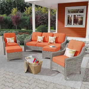 XIZZI 5 Pieces Wicker Furniture, Outside Conversation Set, 3-Seat Sofa with Cushion, High Back Rattan Chairs and Ottomans for Garden Backyard - 1 of 4