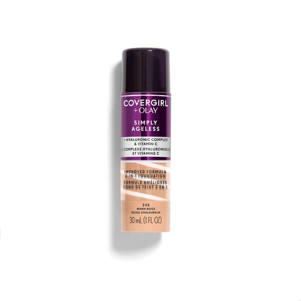 Photos - Foundation & Concealer CoverGirl + Olay Simply Ageless 3-in-1 Liquid Foundation with Hyaluronic Complex + Vitamin C - 245 Warm Beige - 1 fl oz: Med 