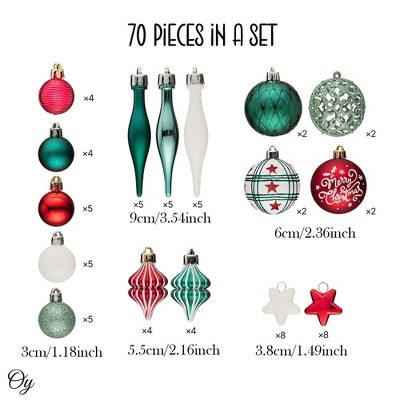 70-Piece Shatterproof Red, Green, White and Silver Christmas Ornament Set