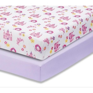 Everyday Kids 2-Pack Fitted Girls Crib Sheets, Soft Breathable Polyester, Fits Standard Crib Mattress 28x52, Princess Lavender Nursery Sheets - 1 of 4