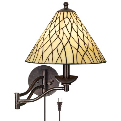 Robert Louis Tiffany Rustic Swing Arm Wall Lamp Bronze Plug-In Light Fixture Iron Vine Art Glass for Bedroom Bedside Living Room