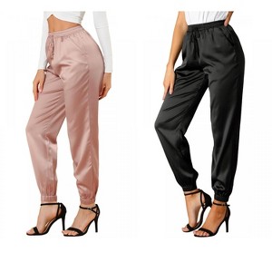 Allegra K Women's Drawstring Elastic Waist Ankle Length Satin Joggers with Pocket 2 Pcs - 1 of 4