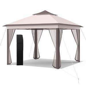 Costway 11'x11' 2-Tier Pop-Up Gazebo Tent Portable Canopy Shelter Carry Bag Mesh Brown\Beige - 1 of 4